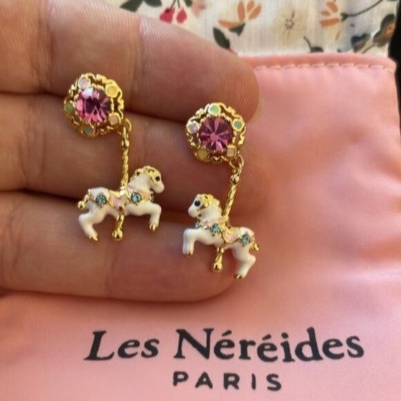 Anthropologie Jewelry - LES NEREIDES Horse Carousel pink quartz gold tone earrings enamel